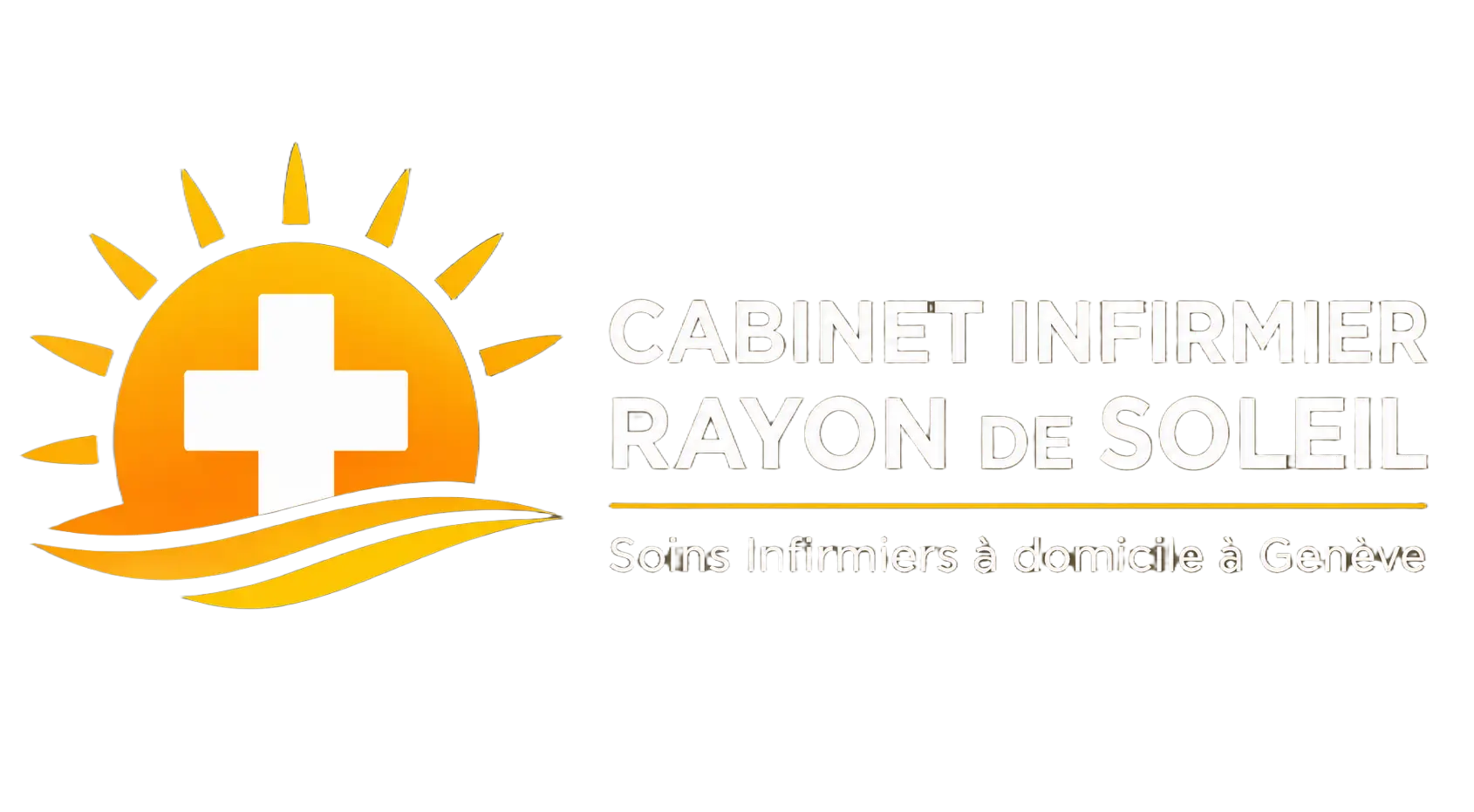 Logo avec un soleil jaune contenant une croix médicale et un texte en français pour un cabinet de soins infirmiers.