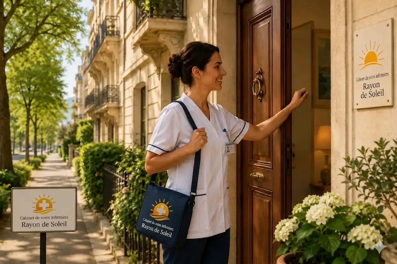 Une infirmière à domicile souriante, en uniforme blanc, frappe à une porte en bois à côté d'une enseigne « Rayon de Soleil ».