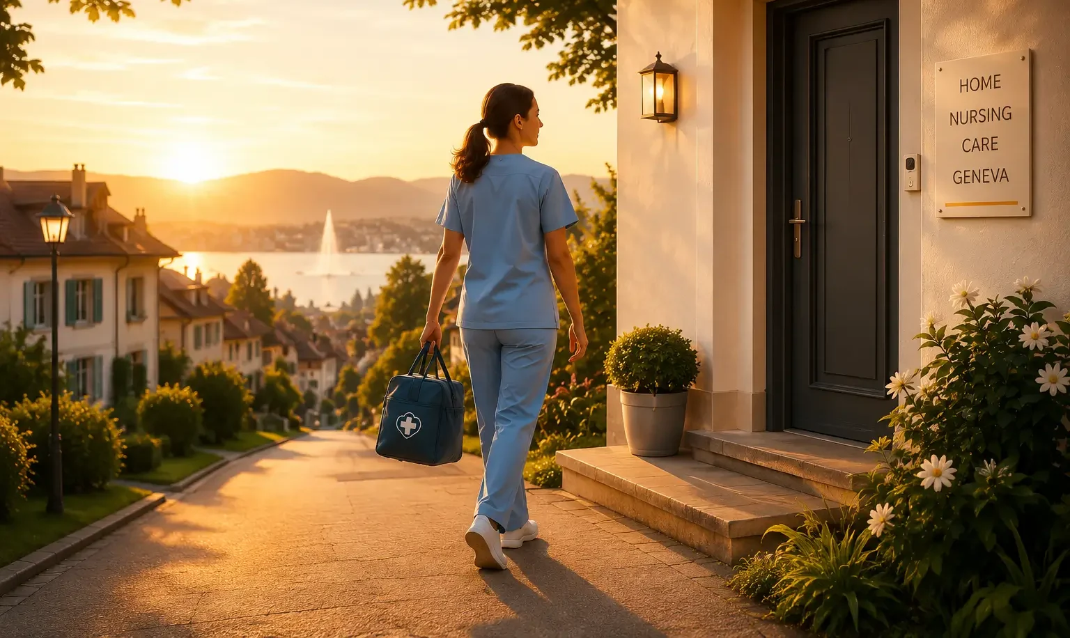 Infirmière en blouse bleue marchant vers un bâtiment de soins à domicile pendant un coucher de soleil sur le lac Léman.
