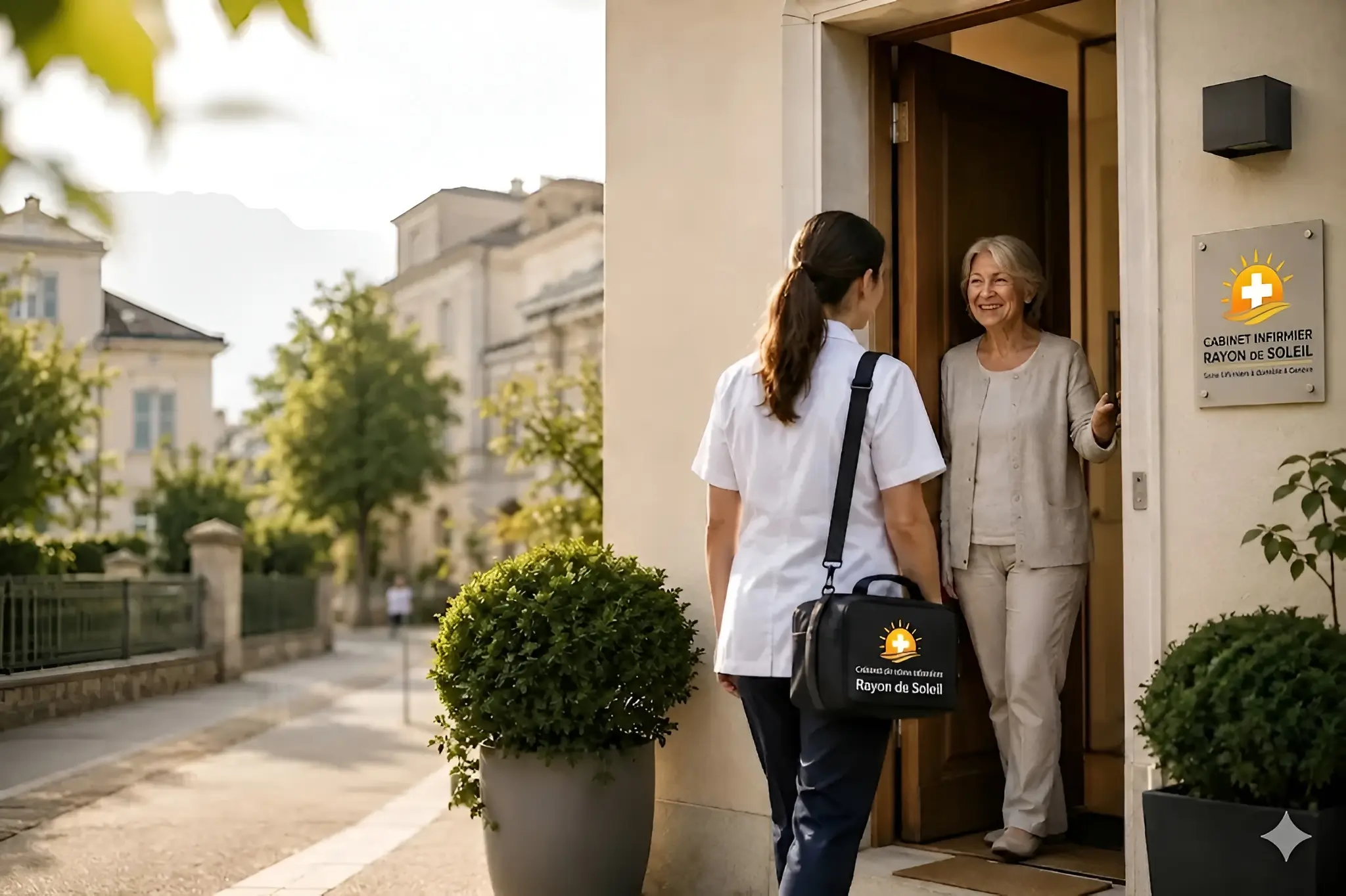 Une infirmière avec une trousse médicale debout devant une porte, accueillie par une femme âgée souriante.