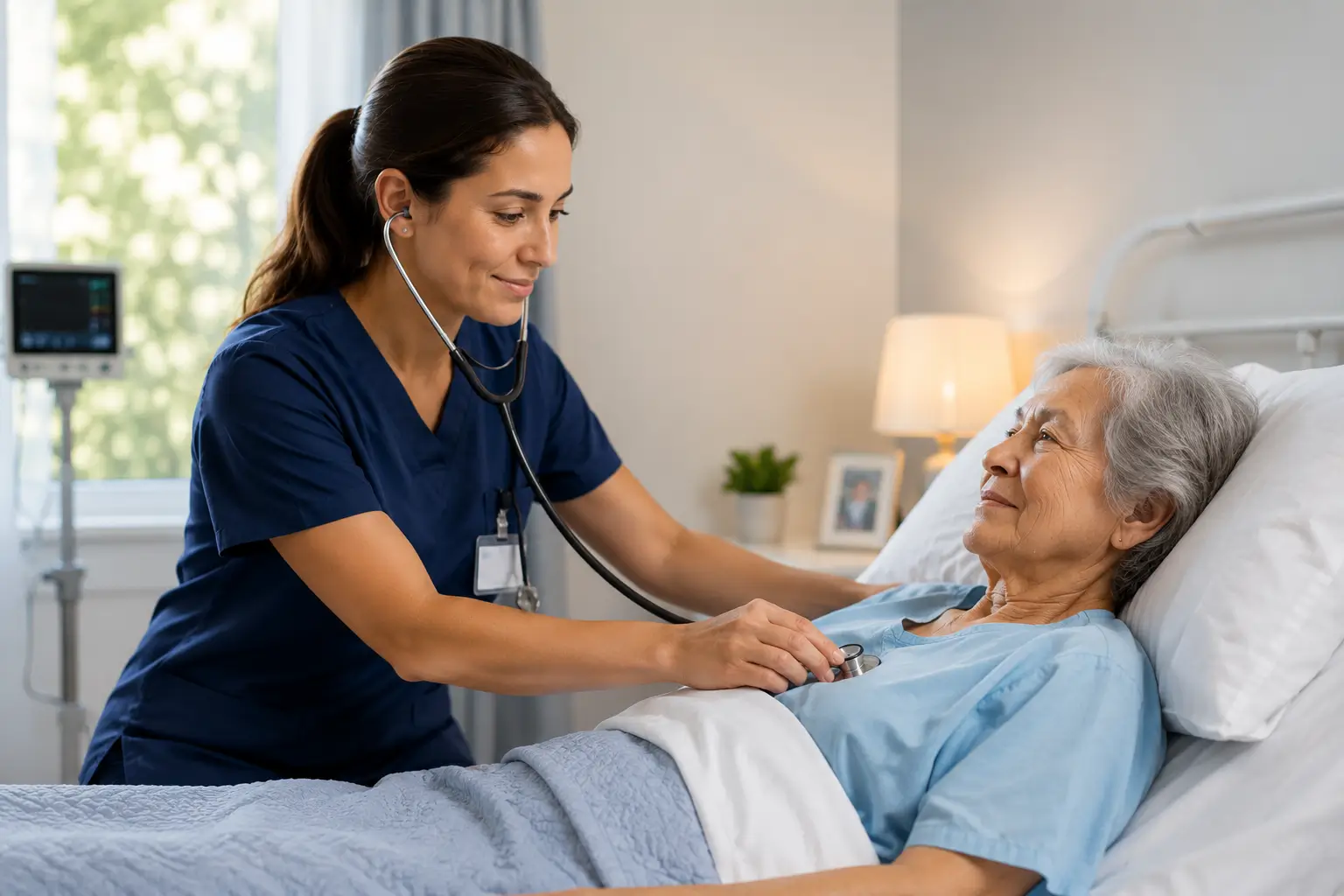 Une infirmière de la marine nettoie à l'aide d'un stéthoscope pour écouter le cœur d'une femme âgée dans un lit d'hôpital.