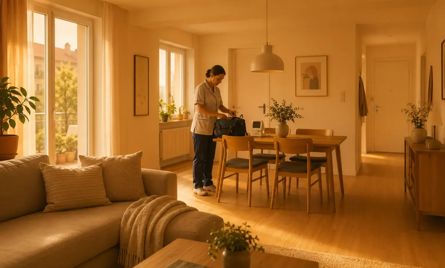Un professionnel de la santé en uniforme emballant un sac médical sur une table à manger dans un appartement ensoleillé.